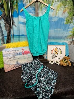 Women’s Teal Tankini Top and Floral Swim Shorts Set - Teal/Black